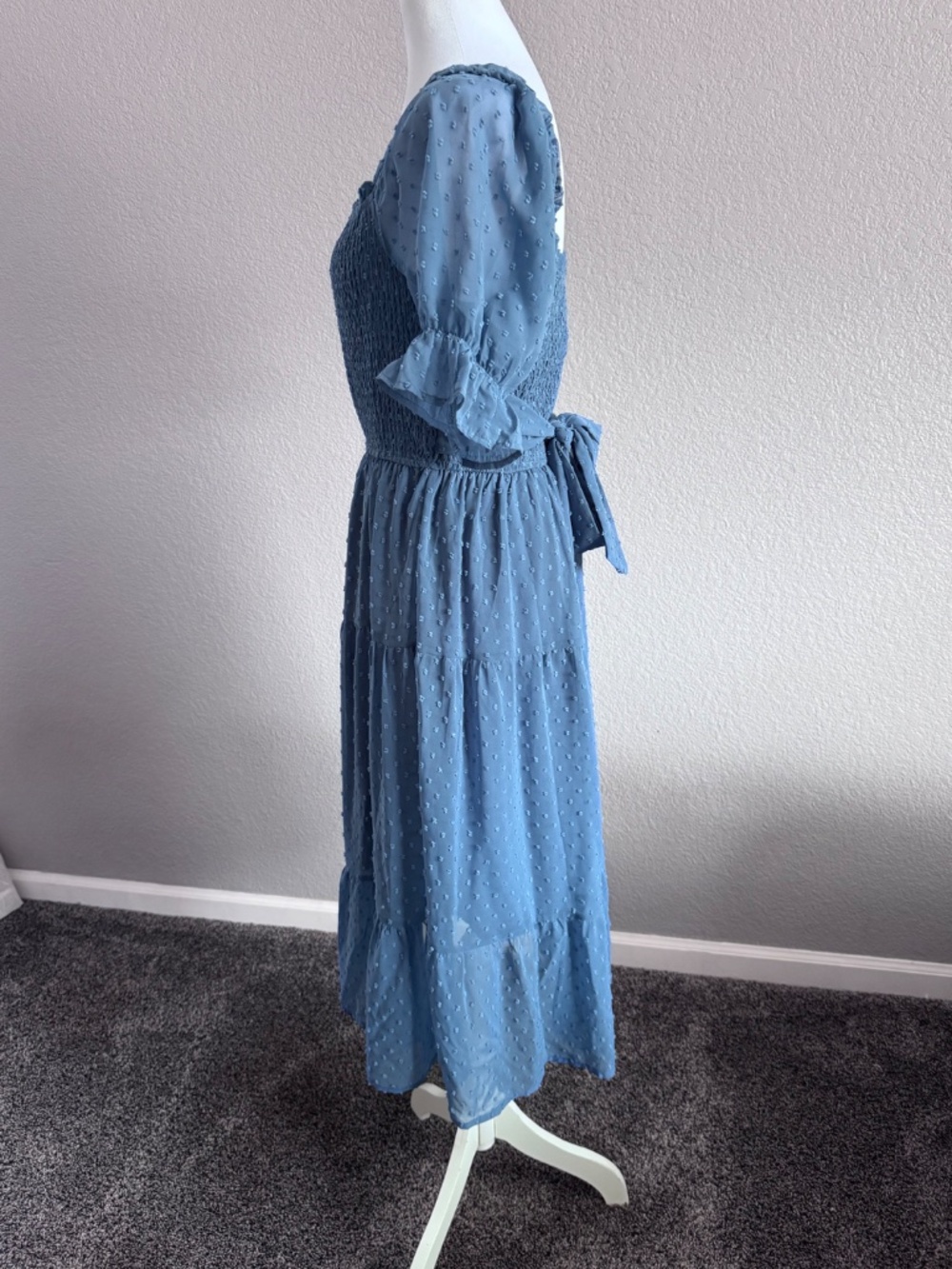 MEROKEETY BOHO Blue Swiss Dot Smocked Square Neck Midi Dress Size Medium - Picture 3 of 8